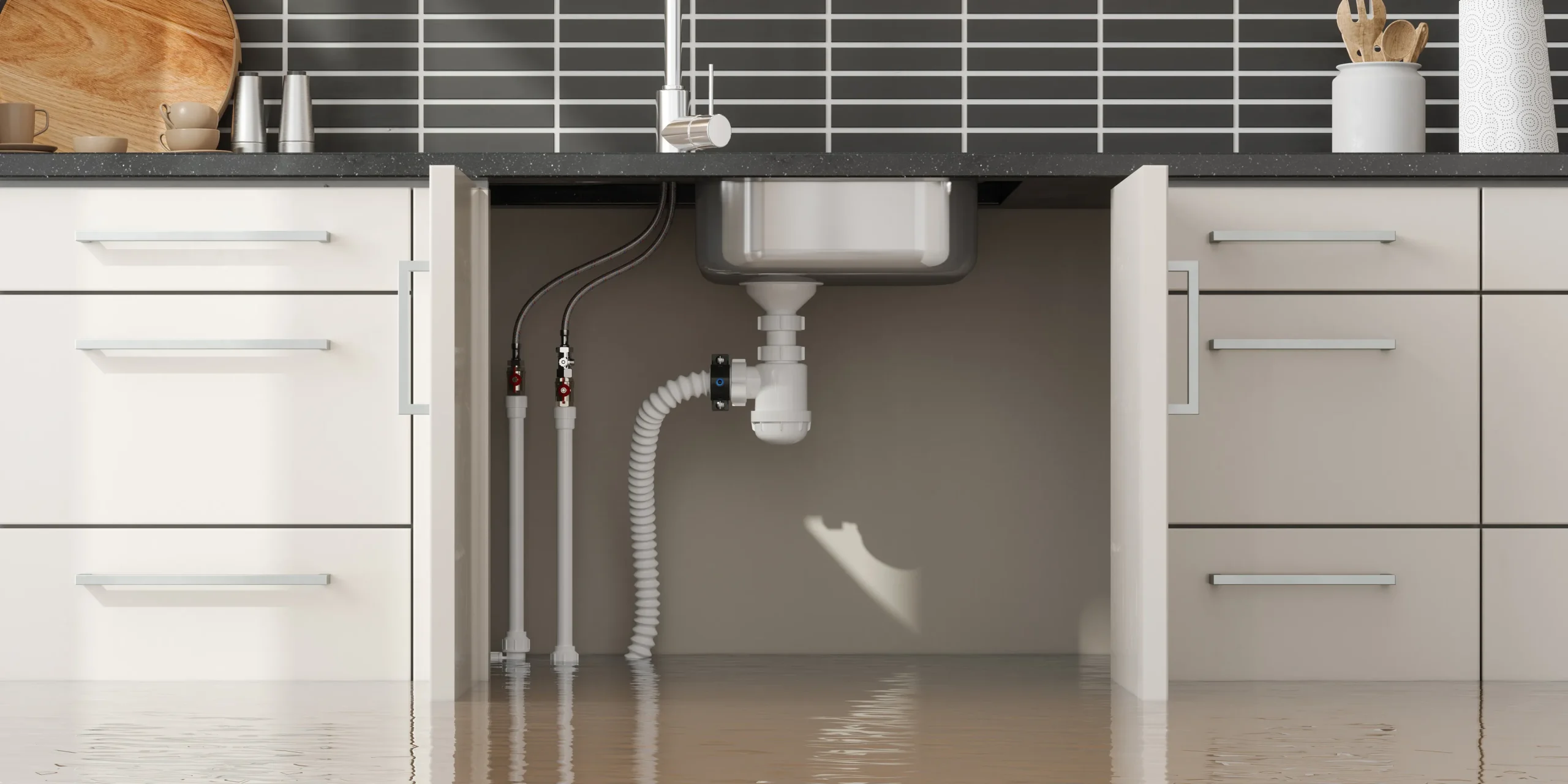 Wasserschaden in einer Küche: Unter der Spüle tritt Wasser aus und steht auf dem Boden