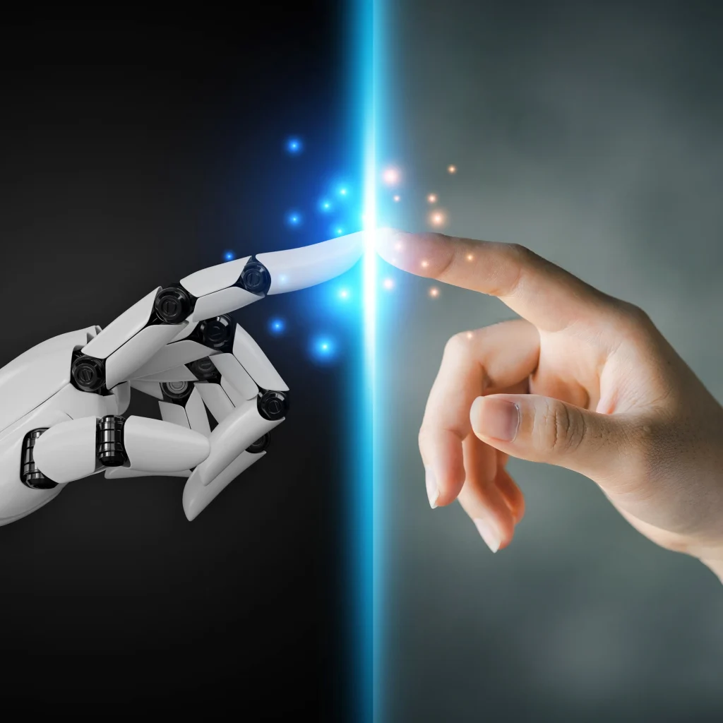Roboterhand und menschliche Hand berühren sich mit den Fingerspitzen